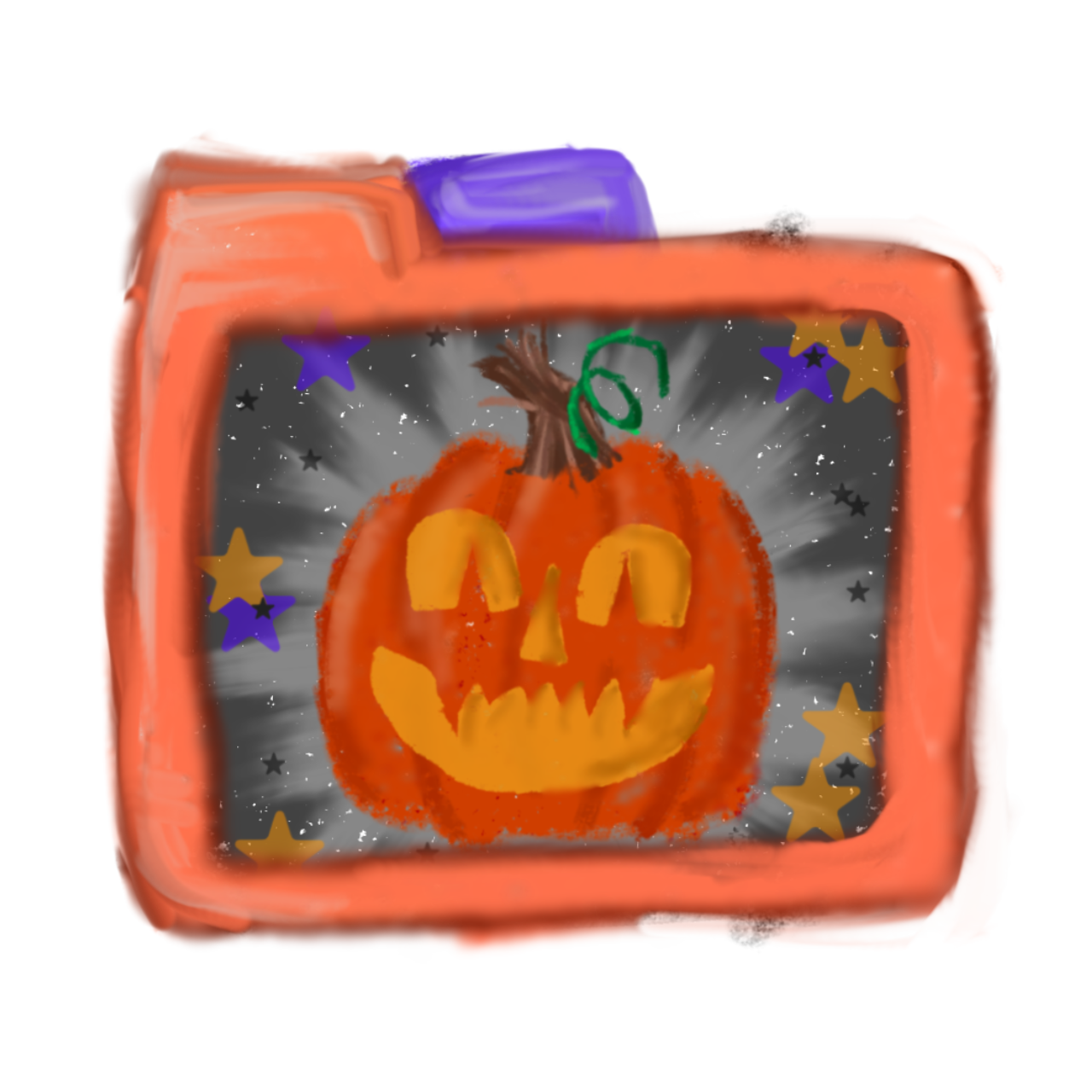  a folder icon with a Halloween theme. The folder is orange with a purple tab. Inside the folder, there is a jack-o'-lantern with a smiling face and purple, orange and black stars in the background.